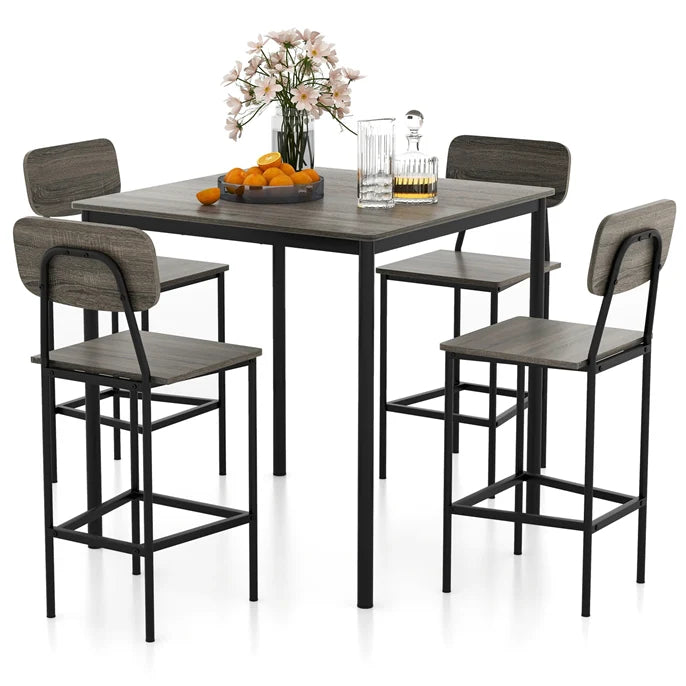 Giantex 5-Piece Dining Bar Table Set, 4 Person Kitchen Breakfast Table Set with Steel Frame , Walnut