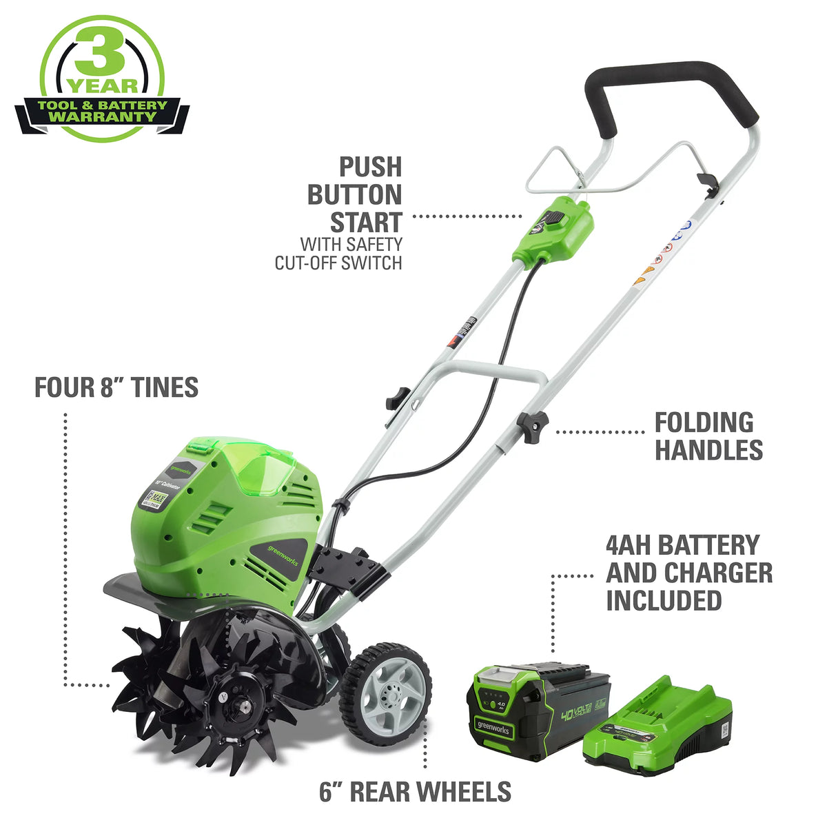 40V 10-inch Cordless Cultivator/Tiller with 40 Ah Battery and Charger, 27062