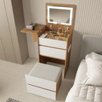 Vanity Desk with Flip Top Lighted Mirror, Compact Makeup Table with Storage Stool, Integrated Vanity with Drawers, 3-in-1 Vanity Set, Small Dressing Desk for Bedroom