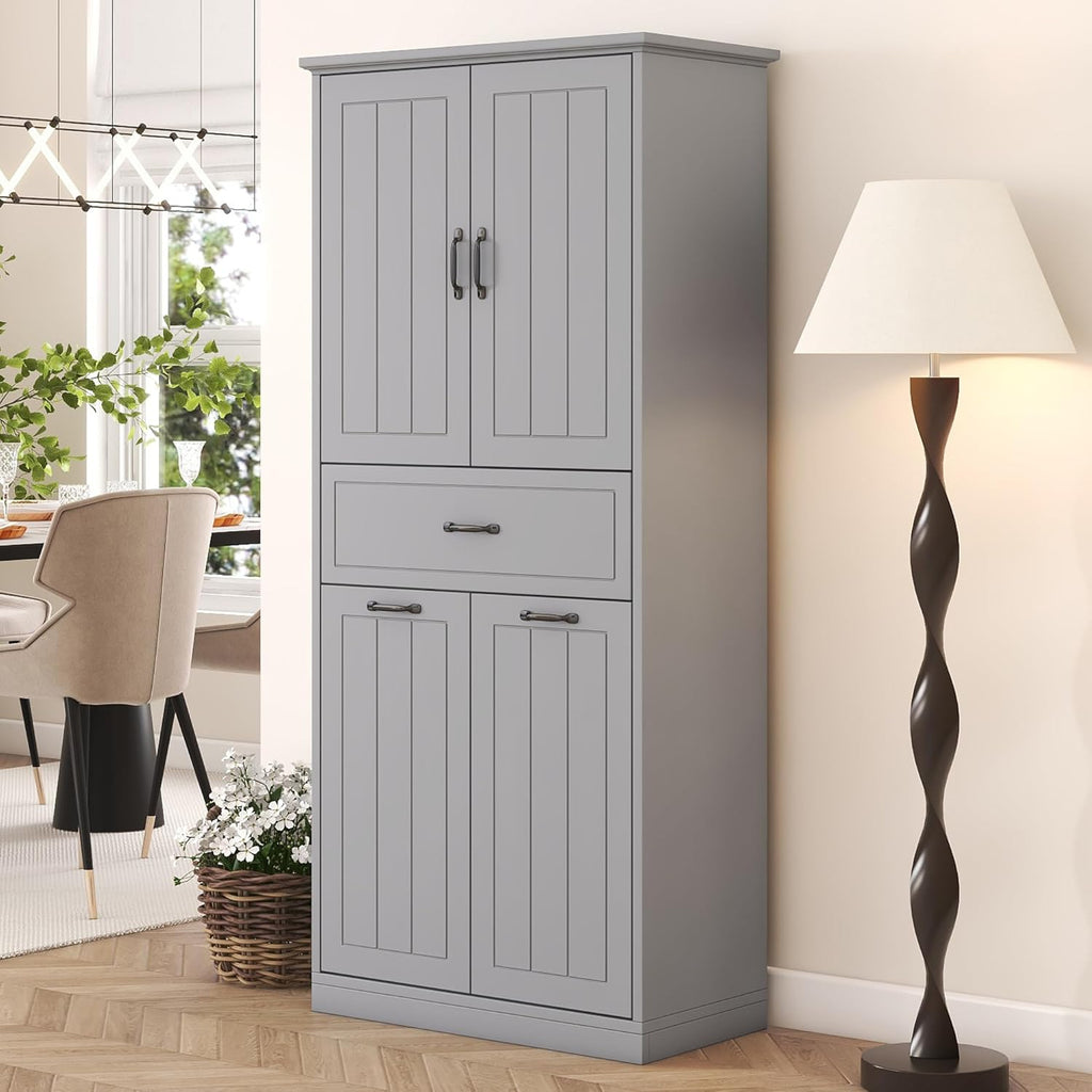 Christopher Knight Home 65.8" Tall Storage Cabinet, Modern Freestanding Large Cupboard with Drawer and Two Laundry Hampers, Bathroom Cabinet with Adjustable Shelf, Gray