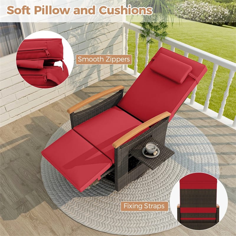 Outdoor Rattan 360�� Swivel Recliner Chair, Patio Wicker Chaise Lounge Chair with Adjustable Backrest & Footrest, Flip Side Table & Cushions