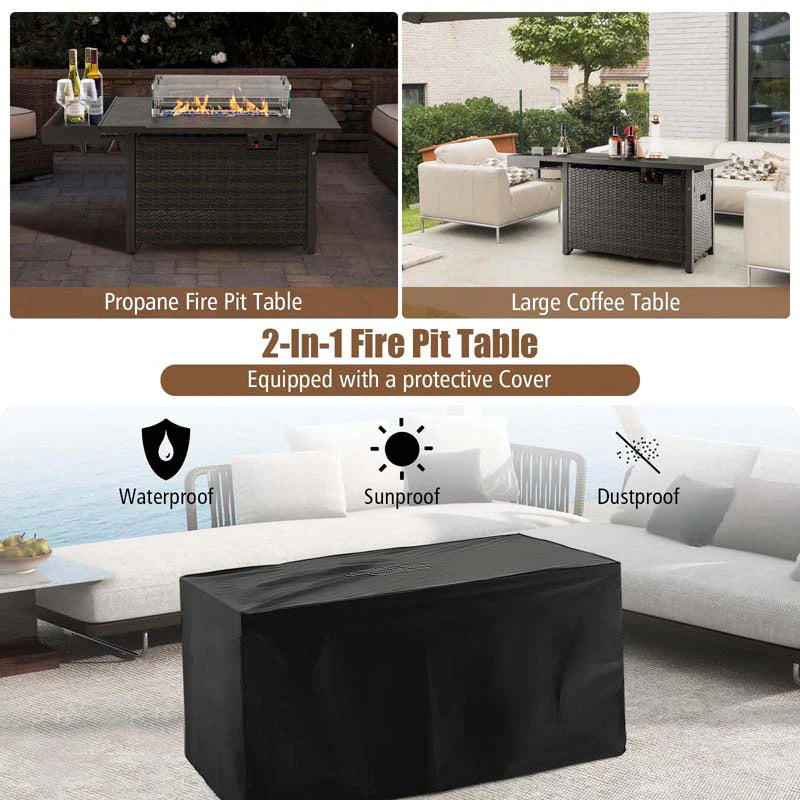52" 50,000 BTU Outdoor Wicker Gas Fire Pit Propane Fire Table with Waterproof Cover, Wind Guard & Extended Storage Shelf for Patio Backyard
