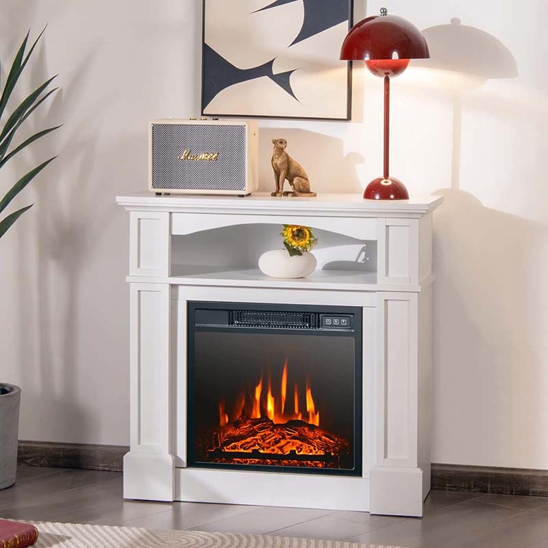 32" Electric Fireplace Mantel, Freestanding Wooden Surround Firebox with 1400W Fireplace Heater, Remote, Thermostat, 6H Timer