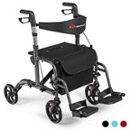2 in 1 Rollator Walker Wheelchair Folding Medical Walker, Aluminum Transport Chair Mobility Walking Aid