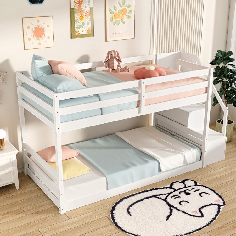 Twin Over Twin Low Bunk Bed with Storage Stairs Solid Wood Floor Bunk Bed Frame