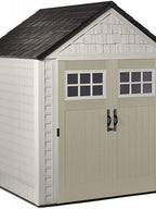 Rubbermaid 7??7 Ft Durable Weather Resistant Resin Outdoor Garden Storage Shed with Windows and Utility Hooks, Sand