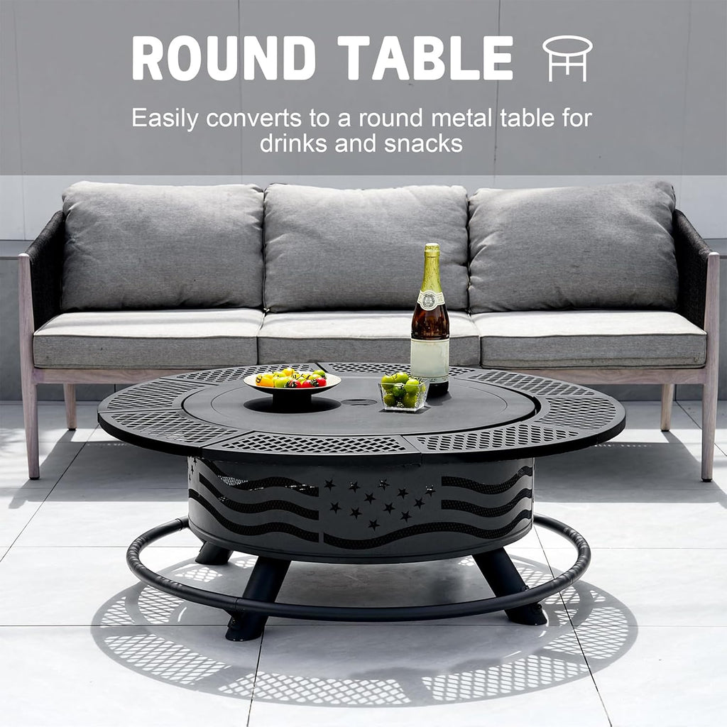 Panovue 42 Inch Fire Pit with 2 Cooking Grates, Outdoor Wood Burning BBQ Grill Firepit Bowl with Cover Lid, Steel Round Table for Backyard Bonfire Patio Picnic (Black, 42)