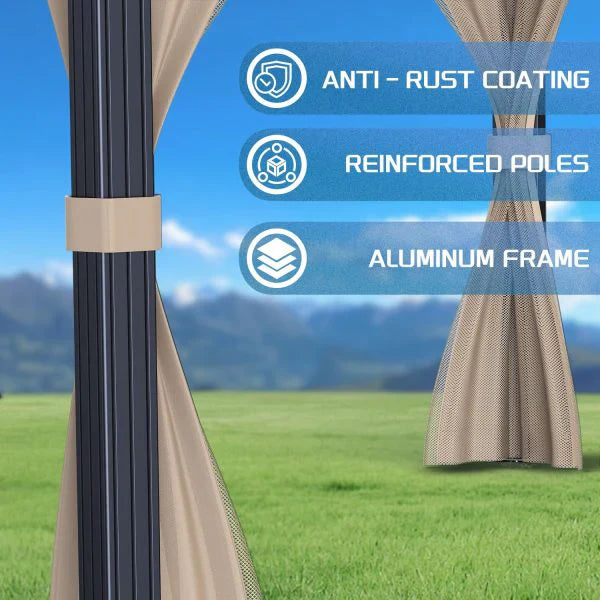 10x10 Hardtop Gazebo with double metal roof, aluminum frame, net, and curtain. All-weather, ideal for patio, deck, garden, backyard. Khaki.