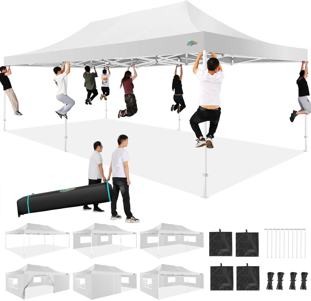 COBIZI 10x20 Heavy Duty Pop up Canopy Tent with 6 sidewalls Easy Up Commercial Outdoor Canopy Wedding Party Tents for Parties All Season Wind & Waterproof Gazebo with Roller Bag,Black(Frame Thickened)
