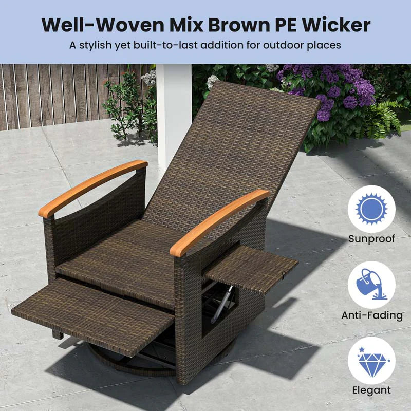 Outdoor Rattan 360�� Swivel Recliner Chair, Patio Wicker Chaise Lounge Chair with Adjustable Backrest & Footrest, Flip Side Table & Cushions