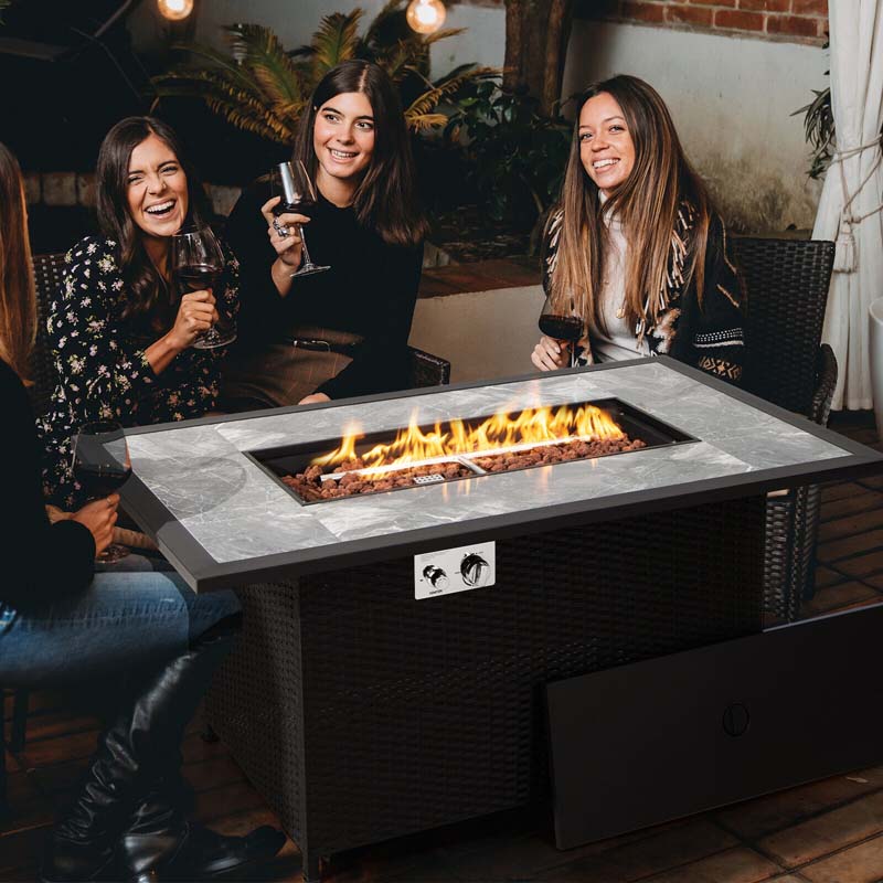 52" 50000 BTU Rattan Outdoor Propane Gas Fire Pit Table with Marble Tabletop, Lava Rocks & PVC Cover