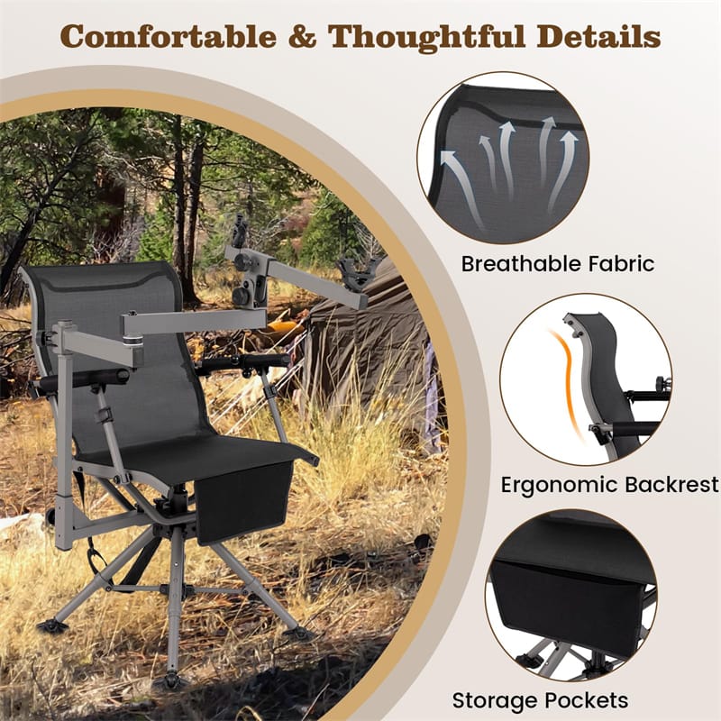 360�� Swivel Hunting Chair with Adjustable Equipment Rest & Armrests, Folding All-Terrain Deer Blind Chair for Outdoor Camping, 330LBS Capacity