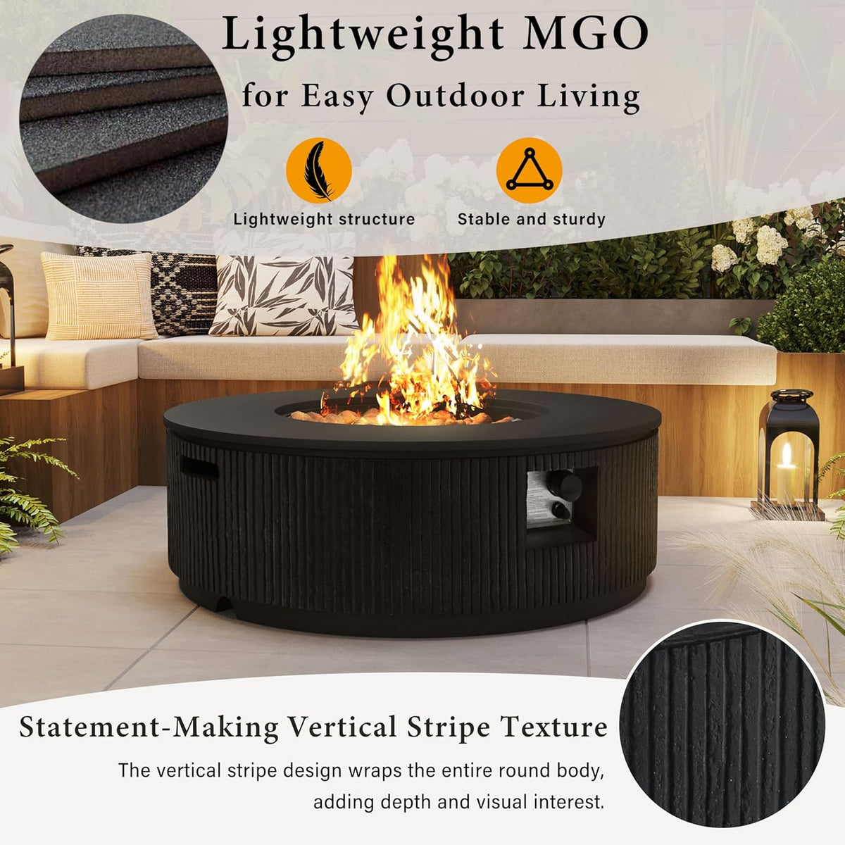 Merax 38.19'' MGO Propane Outdoor Fire Pit with Vertical Stripe Design, 50000 BTU Round Fire Pit Table with Steel Burner, Adjustable Flame Control, Lava Rocks & Rain Cover for Patio&Backyard, Black