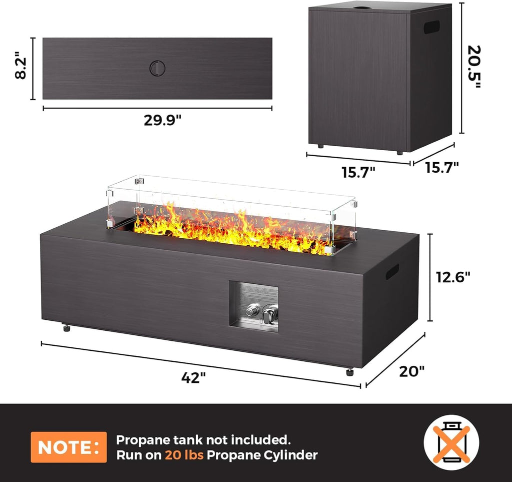 Jocoevol Fire Pit Table 50,000 BTU 42" Rectangular Propane Fire Pit Outdoor with Wind Guard Glass, Lid, Rocks and Cover Gas Fireplace for Deck or Patio