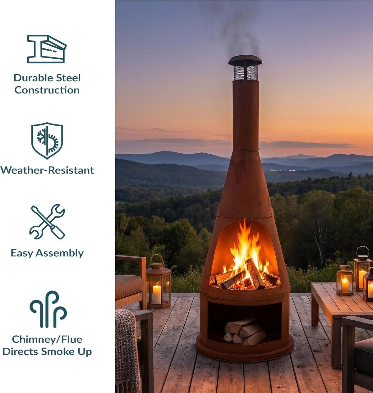Sunnydaze 70" Tall Wood-Burning Outdoor Chiminea Fire Pit with Built-in Log Holder - Steel Large Chiminea Outdoor Fireplace for Patio or Backyard - Rustic