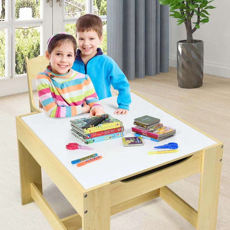 3-in-1 Kids Wood Table Chairs Set with Blackboard & Storage Drawers, Children Multi Activity Table for Learning Playing Drawing