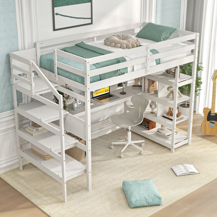Twin Size Loft Bed with Desk and Storage Stairs Loft Bed Frame with Shelves and Safety Guardrails