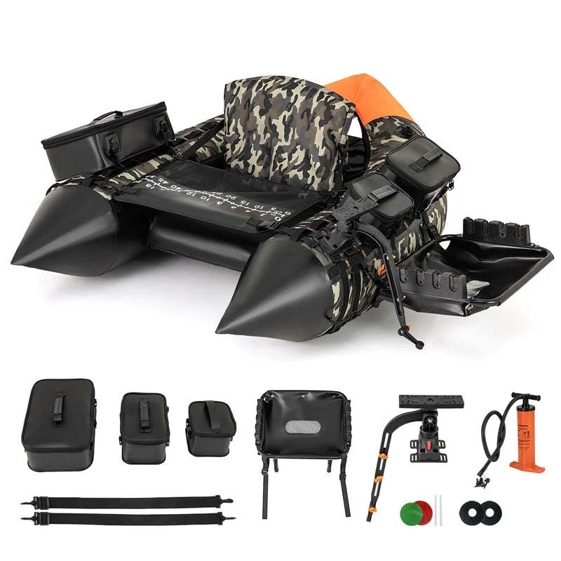 Inflatable Fishing Float Tube, 350LBS Portable Belly Boat with Rod Rack Basket, Fish Finder Holder, Fish Ruler, 3 Storage Boxes & Pump