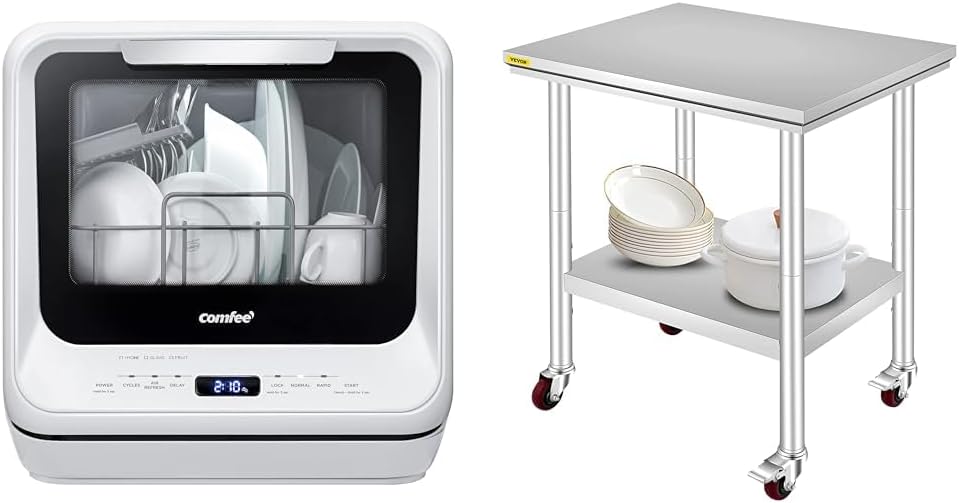 COMFEE' Portable Dishwasher Countertop with 5L Built-in Water Tank, No Hookup Needed, 6 Programs, 360° Dual Spray, 192�?High-Temp& Air-Dry Function, Mini Dishwasher for RVs, White