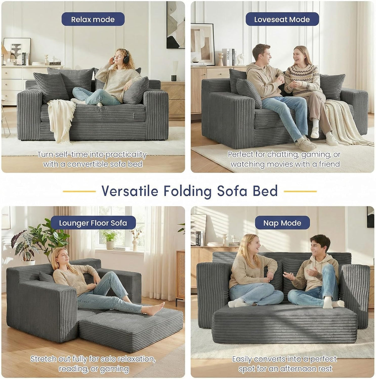 Boneless Couch Loveseat Sleeper, Convertible Sofa Bed Folding Couch Bed Foldable, 2 in 1 Boneless Chair Bed & Futon Sofa Bed, Small Pull Out Sofa with 4 Pillows for Living Room, Grey | No Assembly, Convertible, 2 in 1, Pull Out Handle, 4 Pillows