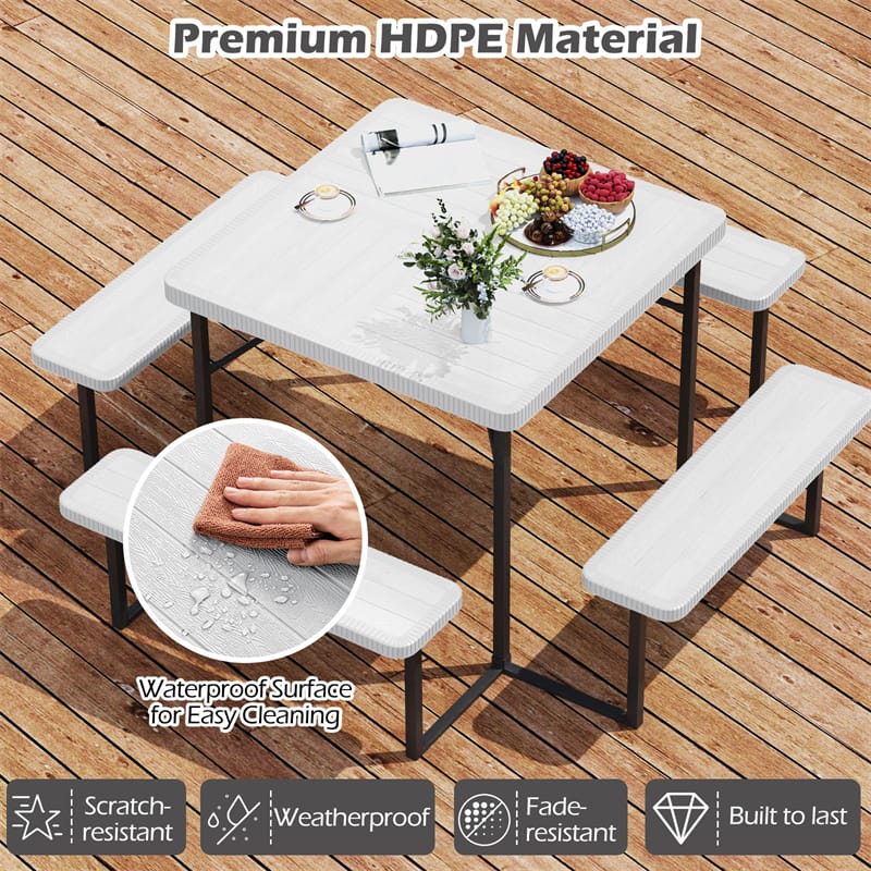 4-8 Person Outdoor Picnic Table Bench Set, All-Weather HDPE Square Dining Table with Umbrella Hole, 4 Benches & Metal Frame for Patio Backyard