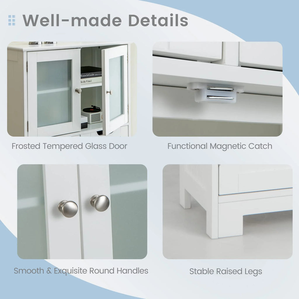 Giantex Floor Storage Cabinet with 4 Doors, Freestanding Bathroom Cabinet with 2 Glass Doors, White