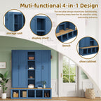 LUMISOL 4-in-1Wide Hall Tree with Wood Grain Bench and 8 Open Compartments, Farmhouse Style Entryway Bench with Storage Unit and 6 Hooks, 62.9" Rustic Coat Rack for Hallway Living Room, Blue