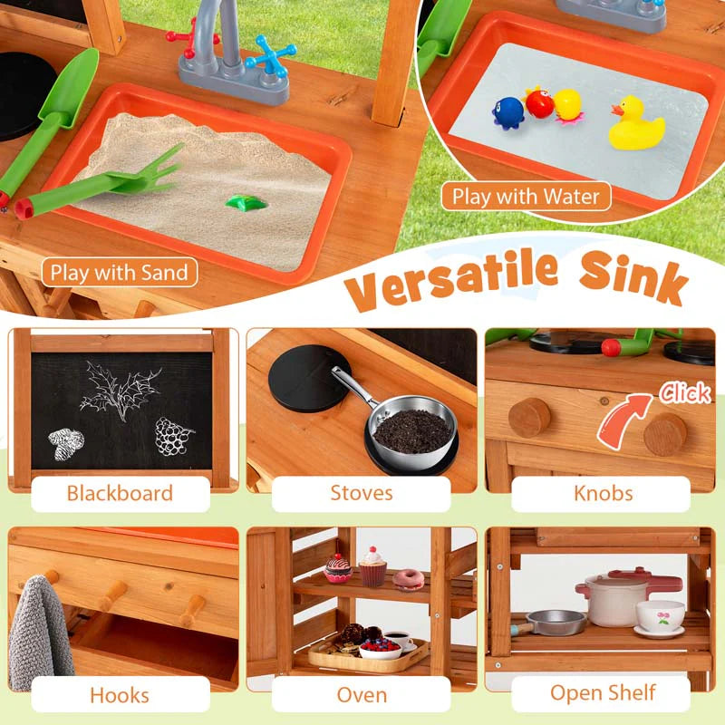 Kids Mud Kitchen Playset, Fir Wood Outdoor Play Kitchen Kids Potting Bench Mud Table with Adjustable Canopy, Sink, 4 Pots, Blackboard