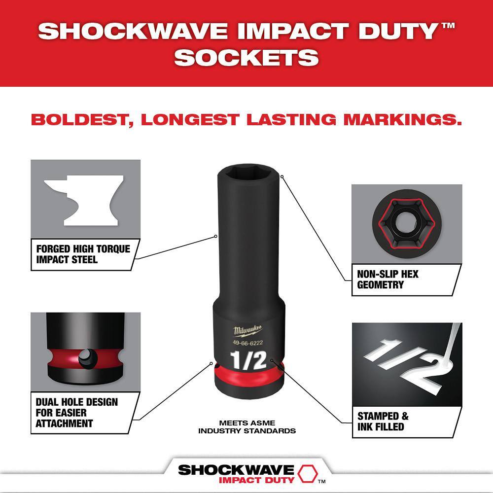 49-66-7093 SHOCKWAVE 1/2 in. Drive SAE Deep Well 6 Point Impact Socket Set (18-Piece)