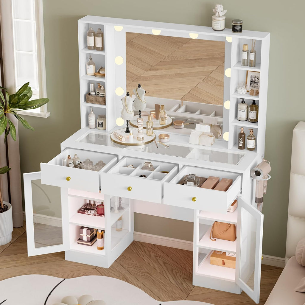 Makeup Vanity Desk with Mirror and Lights, White Vanity with Glass Top, LED Lights & Power Outlet, 3 Drawers & 2 RGB Glass Cabinets, Adjustable Lighted Dressing Table for Women & Girls Bedroom