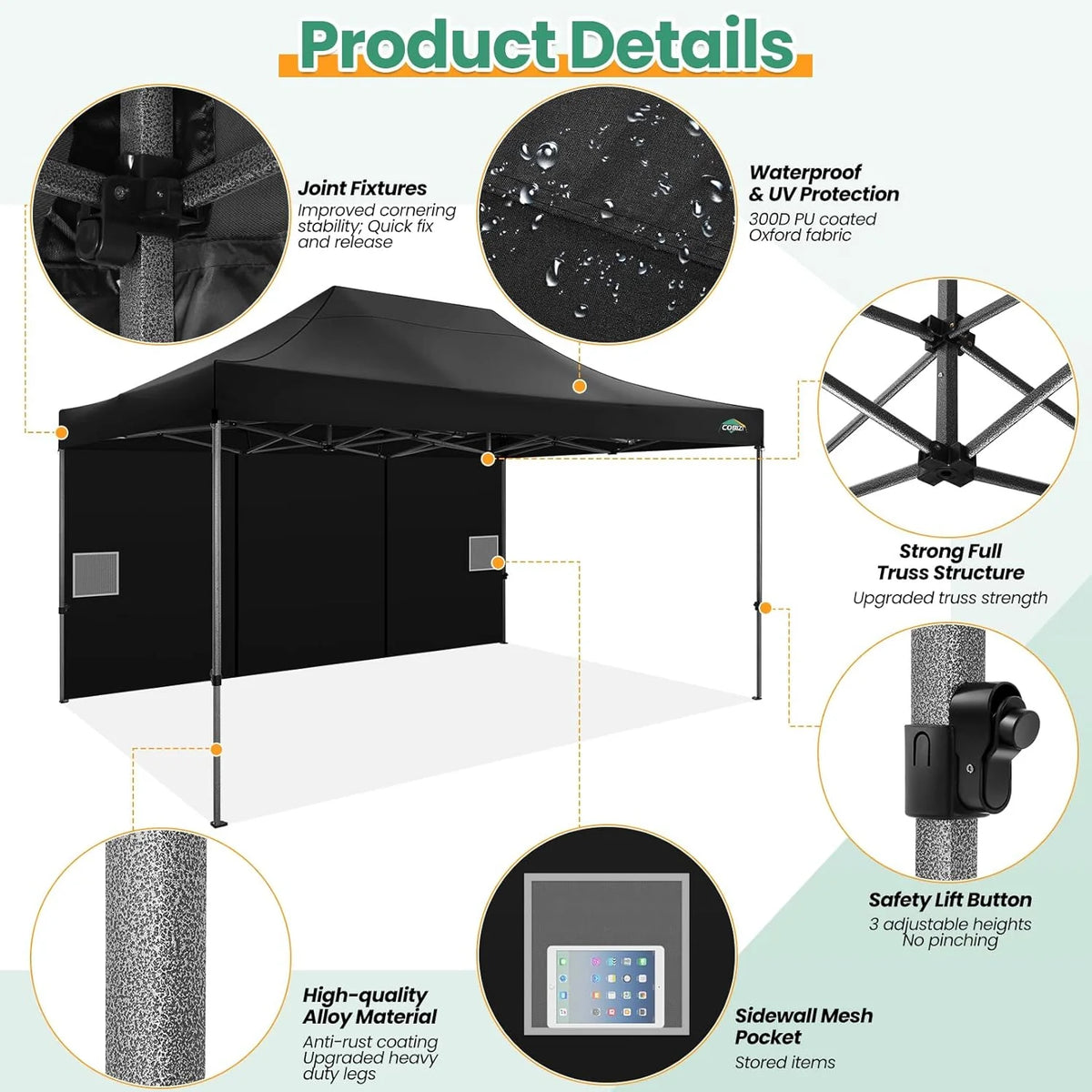 COBIZI 10x20 Heavy Duty Pop up Canopy Tent with 6 sidewalls Easy Up Commercial Outdoor Canopy Wedding Party Tents for Parties All Season Wind & Waterproof Gazebo with Roller Bag,Black(Frame Thickened)
