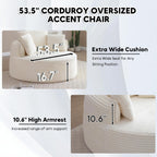 Oversized Round Chair Lounge Chaise Indoor, 53.5" Upholstered Corduroy Deep Seat Single Cloud Sofa Chair, Fluffy Modern Large Circle Boneless Sleeper Sofa for Living Room, Bedroom, Beige White