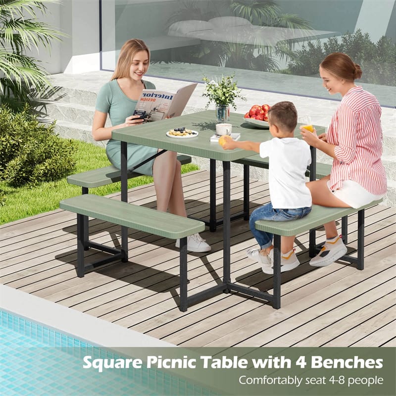 4-8 Person Outdoor Picnic Table Bench Set, All-Weather HDPE Square Dining Table with Umbrella Hole, 4 Benches & Metal Frame for Patio Backyard