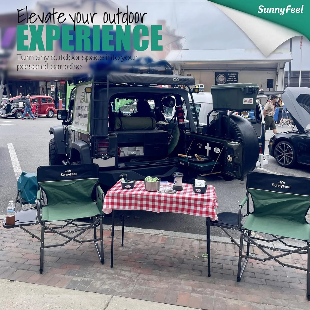 The camping supervisor uses portable folding chairs with side tables and storage bags. These are sturdy and durable, suitable for adults for outdoor use. Each set consists of two (black color)