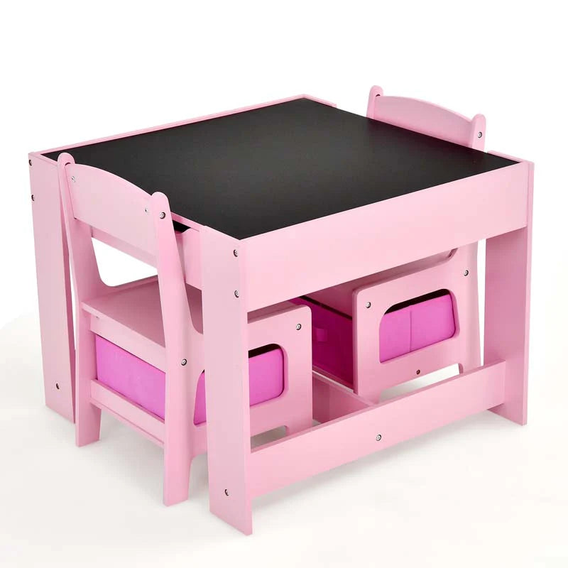 3-in-1 Kids Wood Table Chairs Set with Blackboard & Storage Drawers, Children Multi Activity Table for Learning Playing Drawing