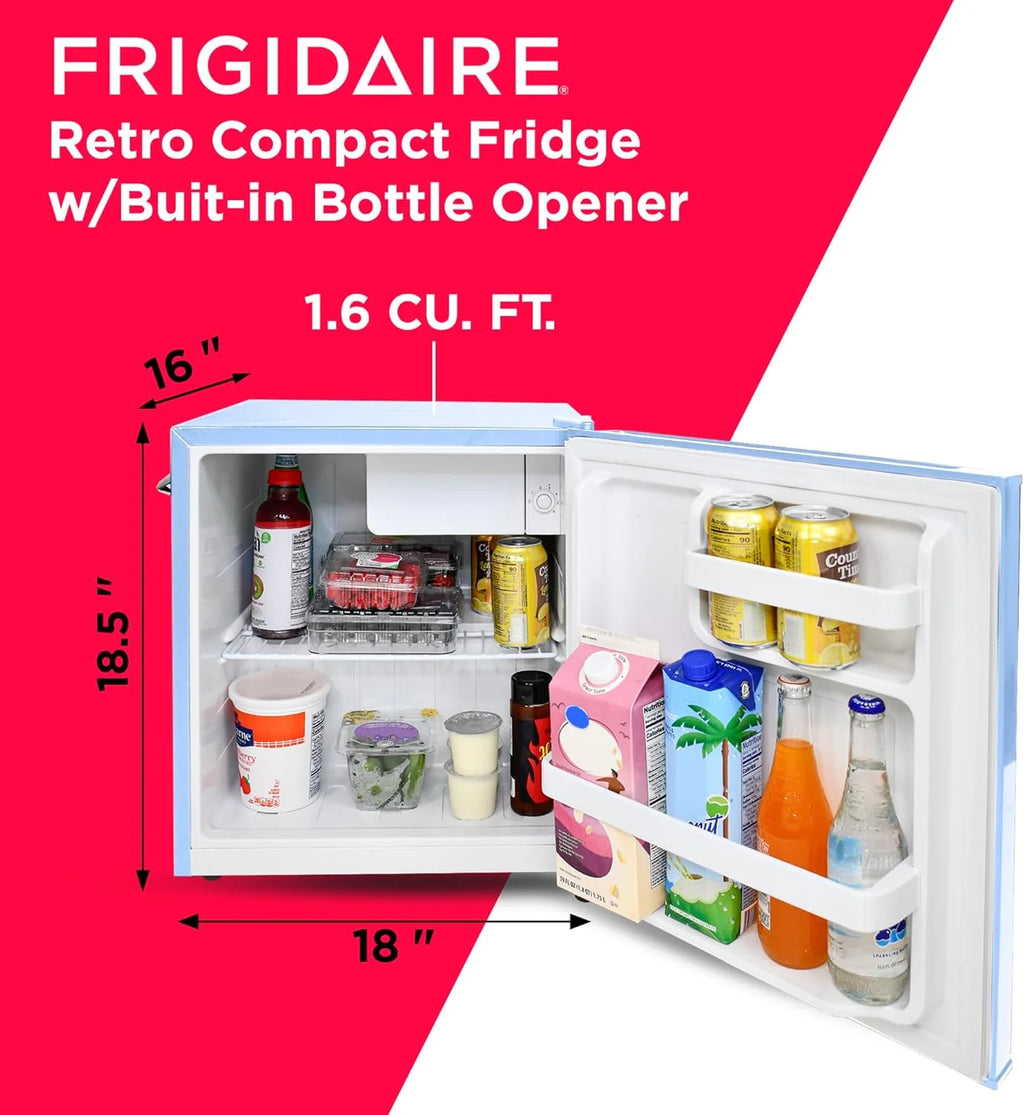 Frigidaire EFR176 Retro Compact Fridge with Chiller Mini Refrigerator with Built-in Bottle Opener for Office, Bedroom, Dorm Room or Cabin, 1.6 cu ft 16" D x 18" W x 18.5" H, Moonlight