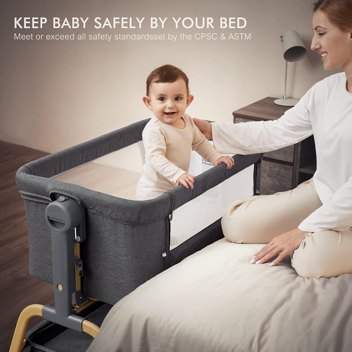 Baby Bassinet, Rocking Bassinets Bedside Sleeper with Comfy Mattress and Wheels, 6 Height Adjustable Easy Folding Portable Bedside Crib for Newborn Infant