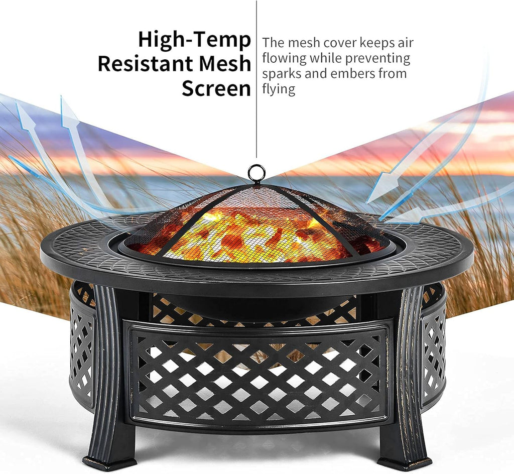 Giantex 3 in 1 Fire Pit, 32" Outdoor Wood Burning Fire Pit, Multifunctional Round Firepit Stove, Metal Fire Bowl with Cover, Portable Fire Pits for Outside Heating, Bonfire, Picnic, Grill