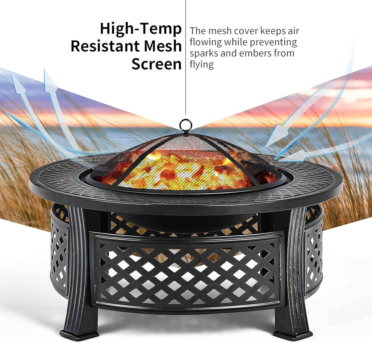 Giantex 3 in 1 Fire Pit, 32" Outdoor Wood Burning Fire Pit, Multifunctional Round Firepit Stove, Metal Fire Bowl with Cover, Portable Fire Pits for Outside Heating, Bonfire, Picnic, Grill