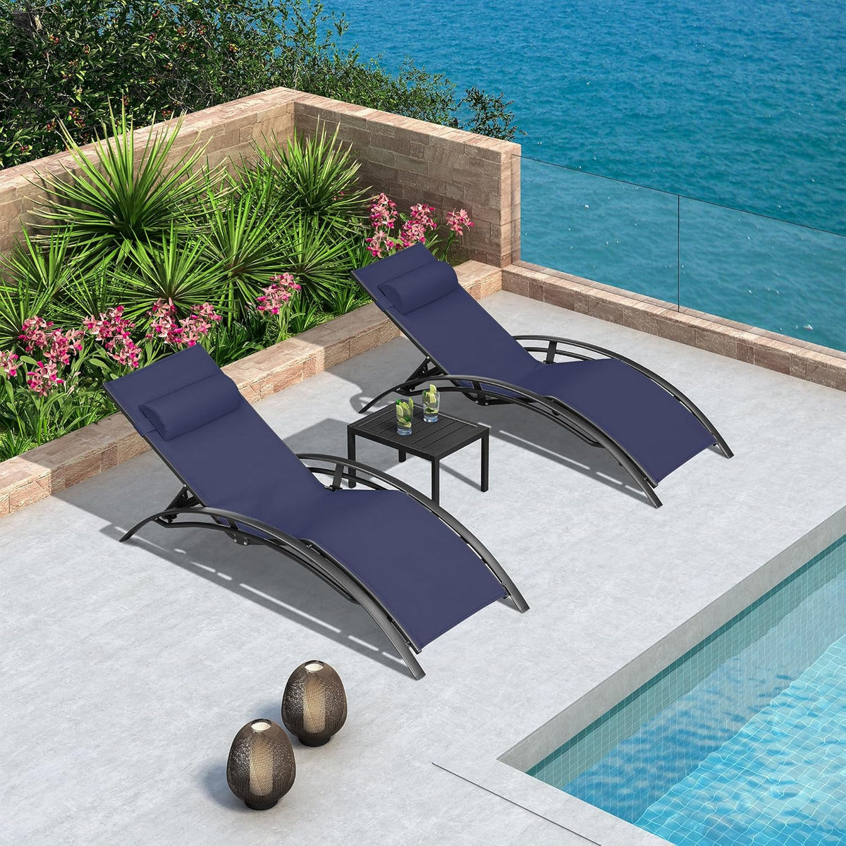 PURPLE LEAF Patio Chaise Lounge Set Outdoor Beach Pool Sunbathing Lawn Lounger Recliner Outside Tanning Chairs with Arm for All Weather Side Table Included Navy Blue