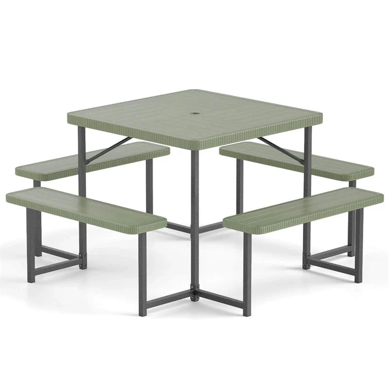 4-8 Person Outdoor Picnic Table Bench Set, All-Weather HDPE Square Dining Table with Umbrella Hole, 4 Benches & Metal Frame for Patio Backyard