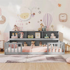 Twin Montessori Floor Bed, Wood Floor Bed Frame with Bookcase, Storage Shelves & Safety Fence Rails for Kids, No Box Spring Needed