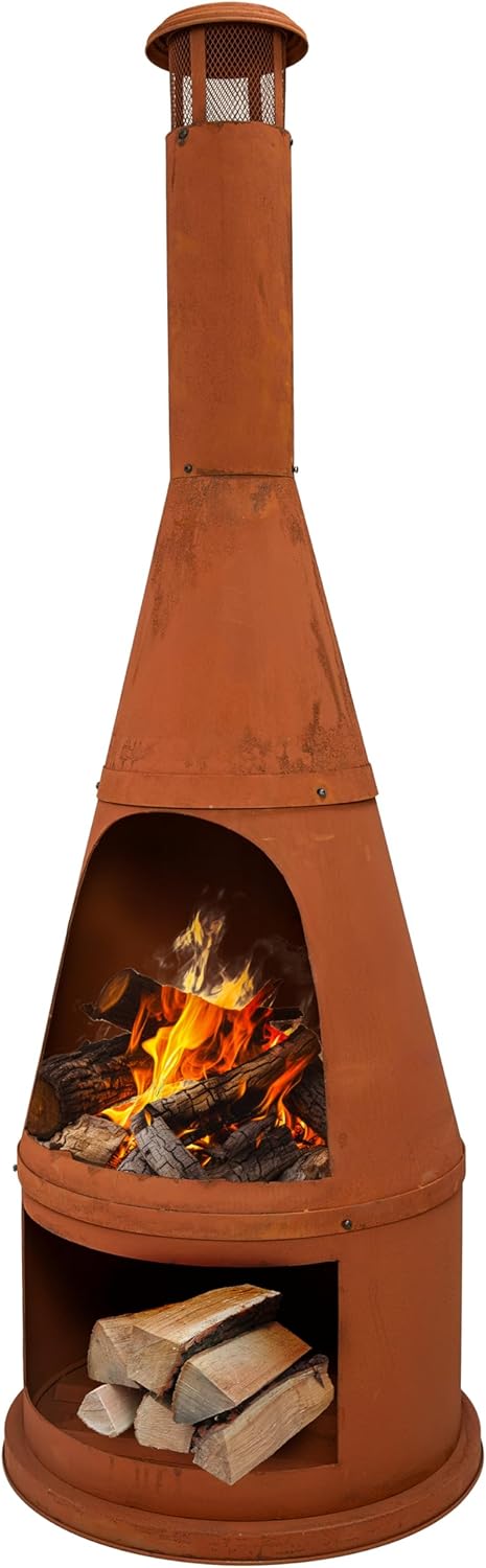 Sunnydaze 70" Tall Wood-Burning Outdoor Chiminea Fire Pit with Built-in Log Holder - Steel Large Chiminea Outdoor Fireplace for Patio or Backyard - Rustic
