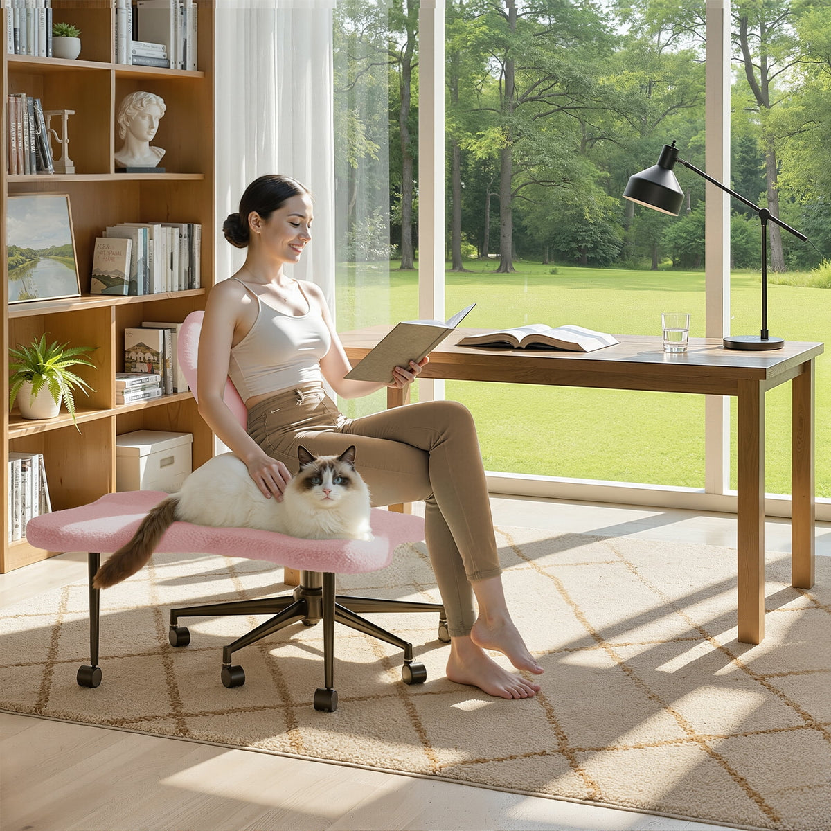 Pinmoco Ergonomic Cross Legged Swivel Chair, Adjustable Height and Teddy Fabric, Meditation& ADHD Chair with Back Support, Home and Office, Off White