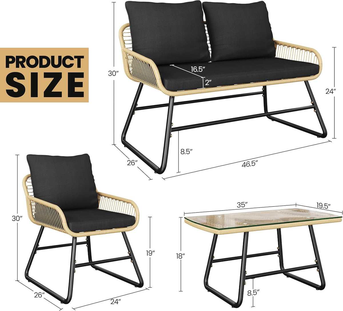 Yaheetech 4 Piece Patio Furniture Set, Outdoor Wicker Conversation Sets, Boho Loveseat & 2 Armchairs with Cushion and Pillow, Glass Top Table for Backyard, Porch, Balcony, Deck - Tan/Black