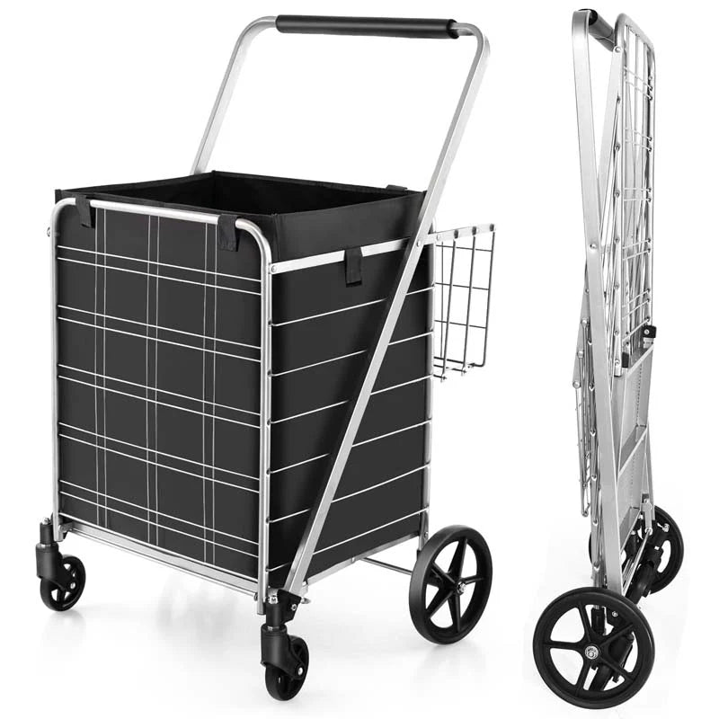 27.5 Gallon Jumbo Folding Shopping Cart with Waterproof Liner & Double Basket, Heavy Duty Portable Utility Cart for Grocery Market Laundry