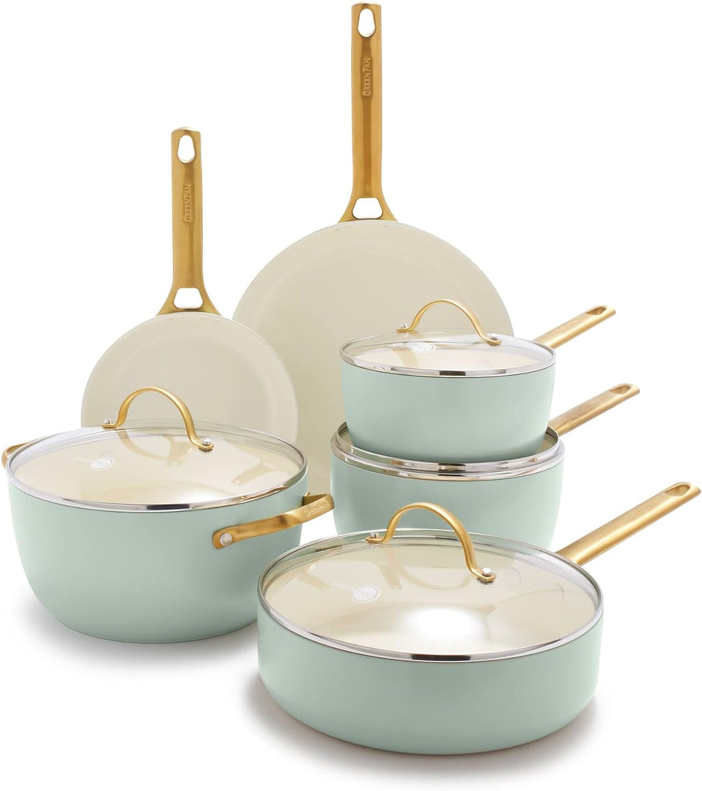 Reserve Hard Anodized Healthy Ceramic Nonstick 10 Piece Cookware Pots and Pans Set, Gold Handle, PFAS-Free, Dishwasher Safe, Oven Safe, Black