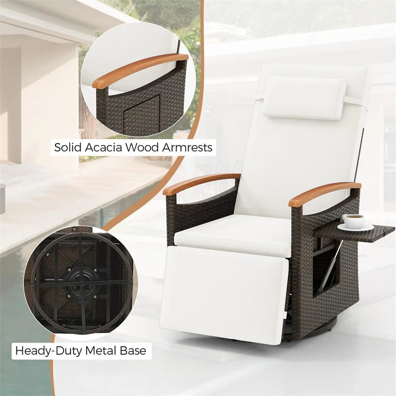 Outdoor Rattan 360�� Swivel Recliner Chair, Patio Wicker Chaise Lounge Chair with Adjustable Backrest & Footrest, Flip Side Table & Cushions