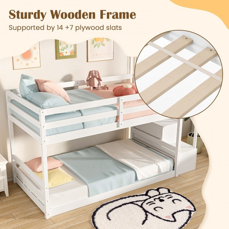 Twin Over Twin Low Bunk Bed with Storage Stairs Solid Wood Floor Bunk Bed Frame