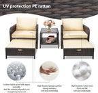 LEVELEVE Balcony Furniture 5 Piece Patio Conversation Set  PE Wicker Rattan Outdoor Lounge Chairs with Soft Cushions 2 Ottoman&Glass Table for Porch  Lawn-Brown Wicker